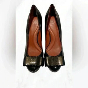 Johnston & Murphy stylish wedge bow detail round toe  green patent leather 7/8